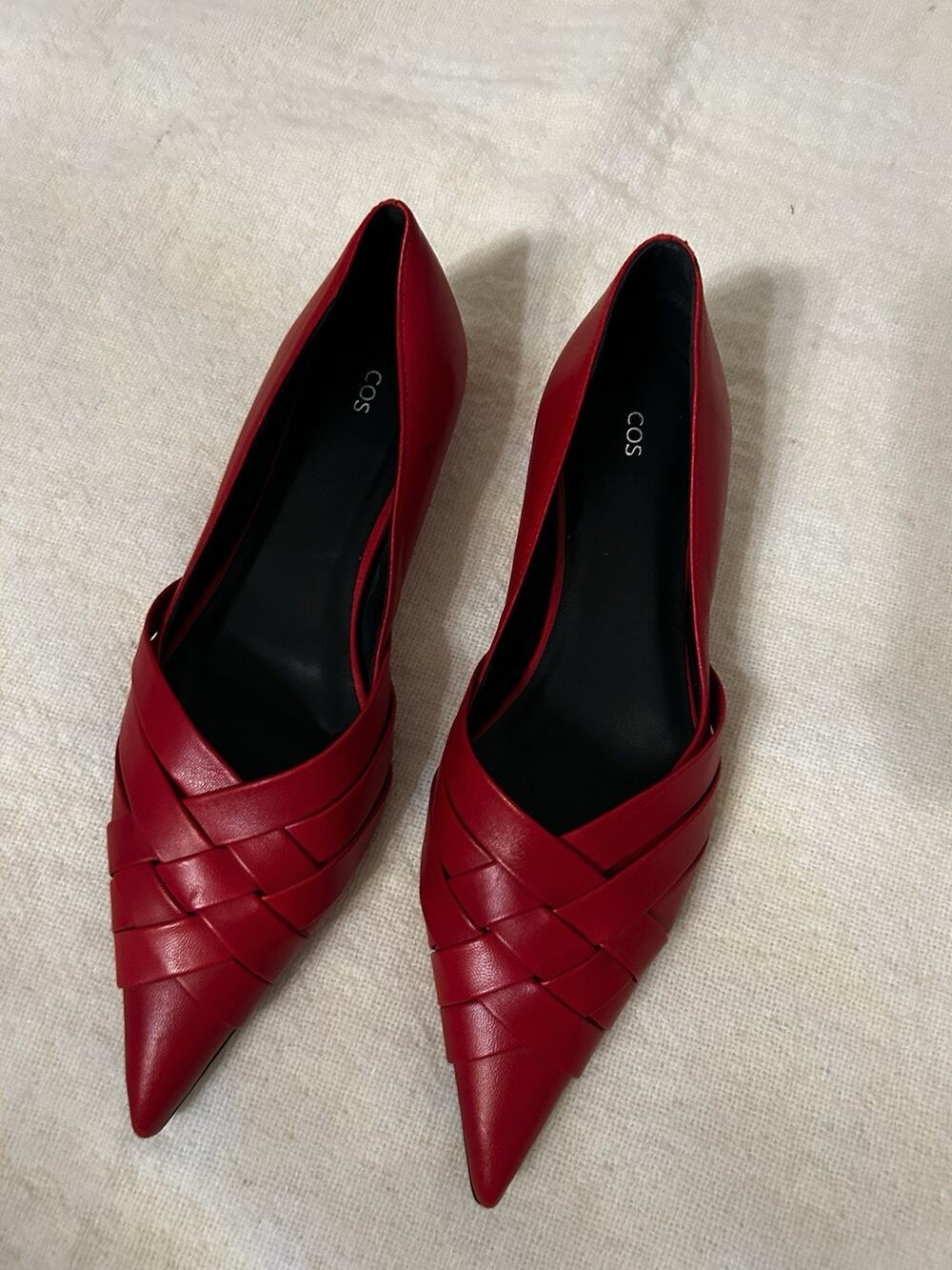 Cos Red Nappa Leather Crossover Ballet Flats Pointy Toe 36